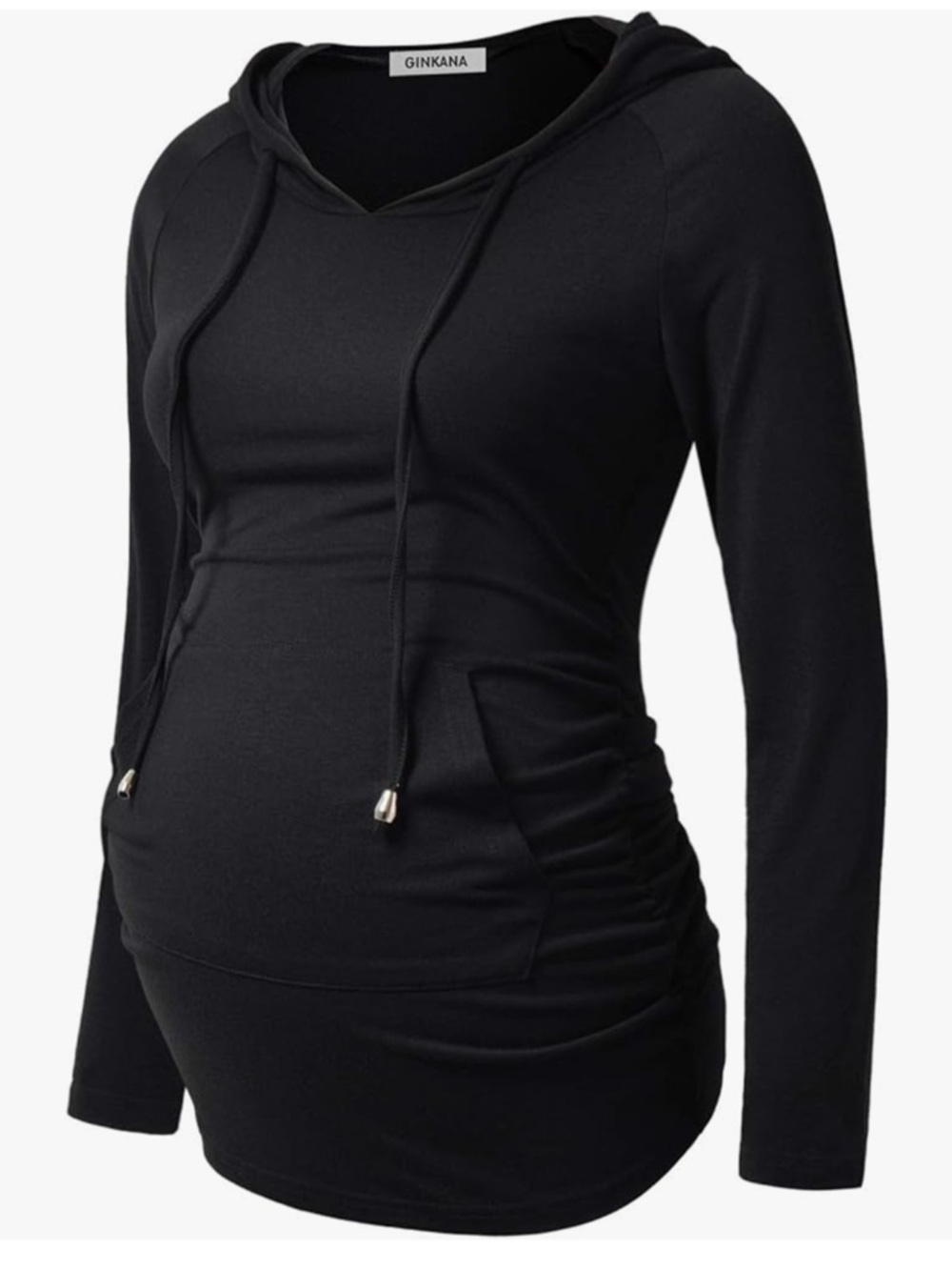 Ginkana Maternity Hoodie Sweatshirt Small Black Pullover Drawstring Ruched Sides